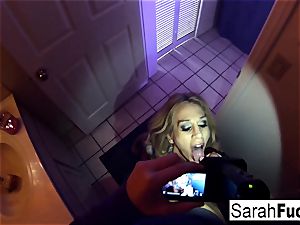 sex industry star Sarah Jessie gives a oral pleasure in the bathroom